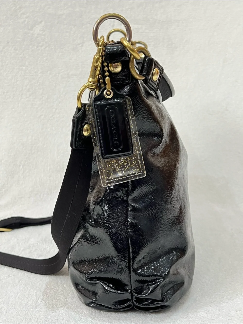 COACH Poppy Daisy Liquid Glass Hobo Black Patent Leather Bag No. M1276-F20103